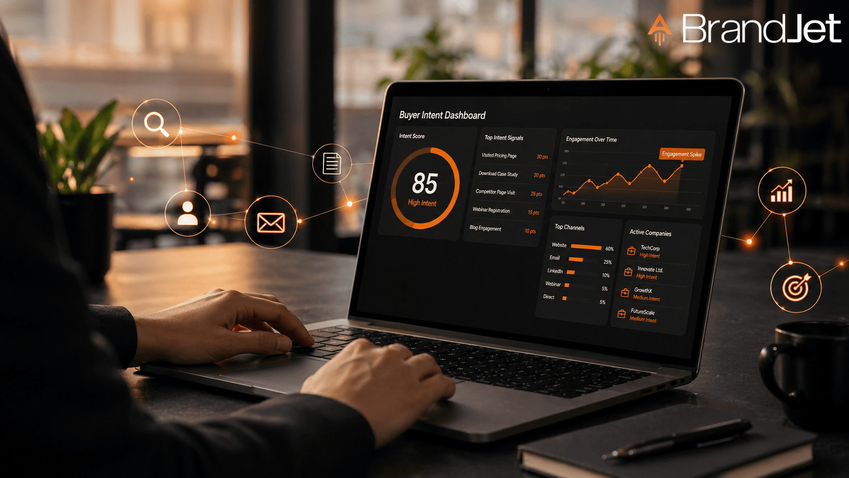How to use buyer intent data for B2B sales with a dashboard showing intent scores and engagement signals. 
