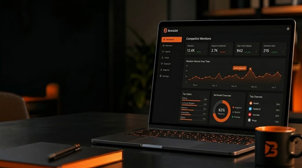 Why monitor competitor brand mentions for sales — BrandJet competitor mentions dashboard with sentiment and channel data
