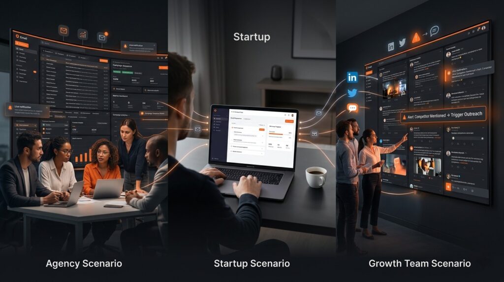 Three use case scenarios for agency, startup, and growth teams using top reply.io alternatives for sales outreach