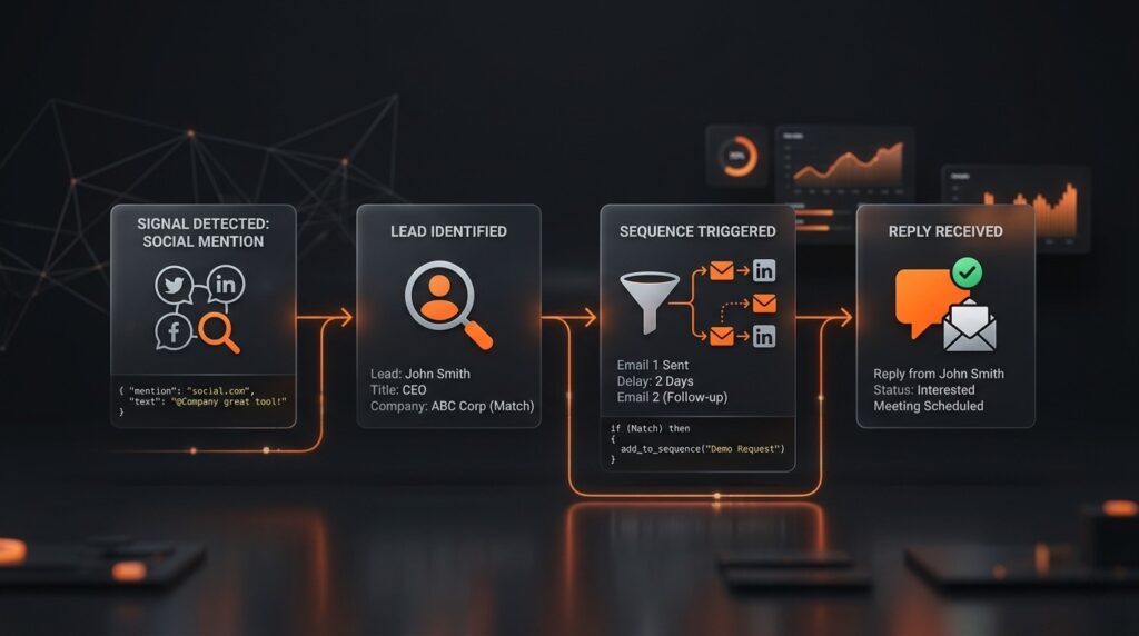 Signal-to-reply workflow diagram showing how top reply.io alternatives automate outreach from social mention to meeting