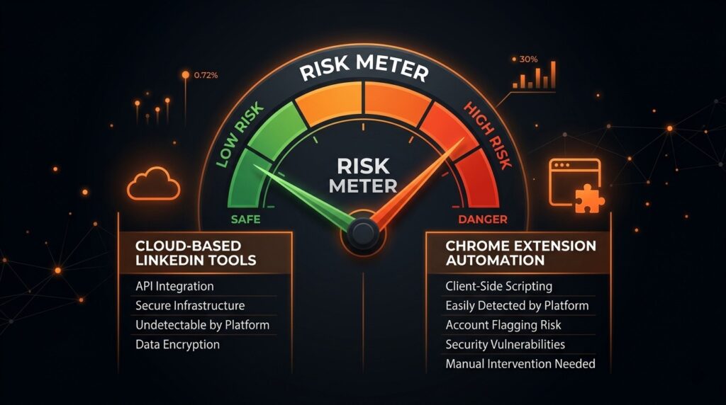 Risk meter comparing cloud-based LinkedIn tools vs Chrome extensions when evaluating top reply.io alternatives