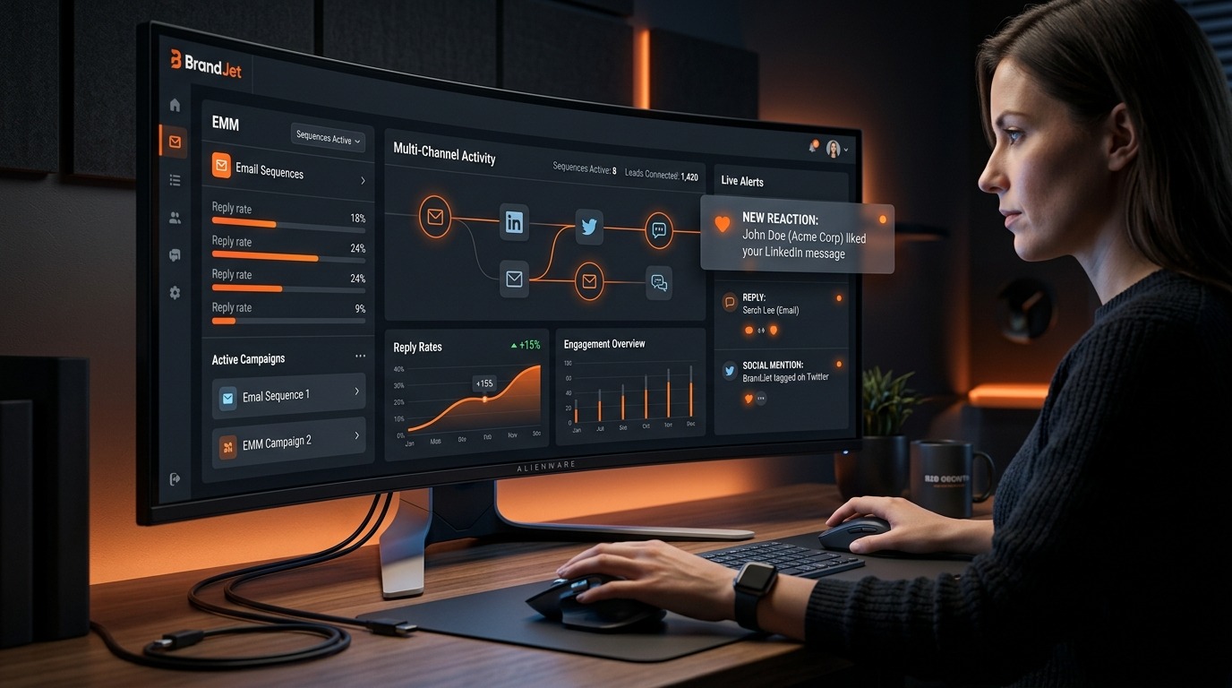 Woman reviewing multi-channel campaign performance dashboard — one of the top reply.io alternatives for B2B outreach