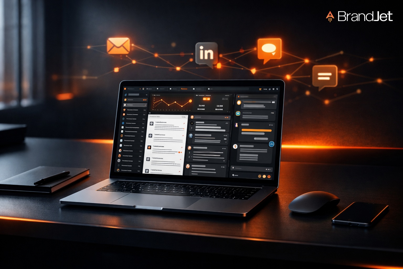 A laptop screen displaying the BrandJet platform, featuring social media icons and analytics data. The image highlights the top cold outreach platforms in 2026.