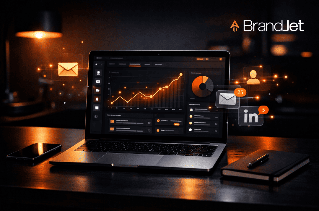 Top Cold Outreach Platforms dashboard on laptop displaying email and LinkedIn campaign analytics and performance