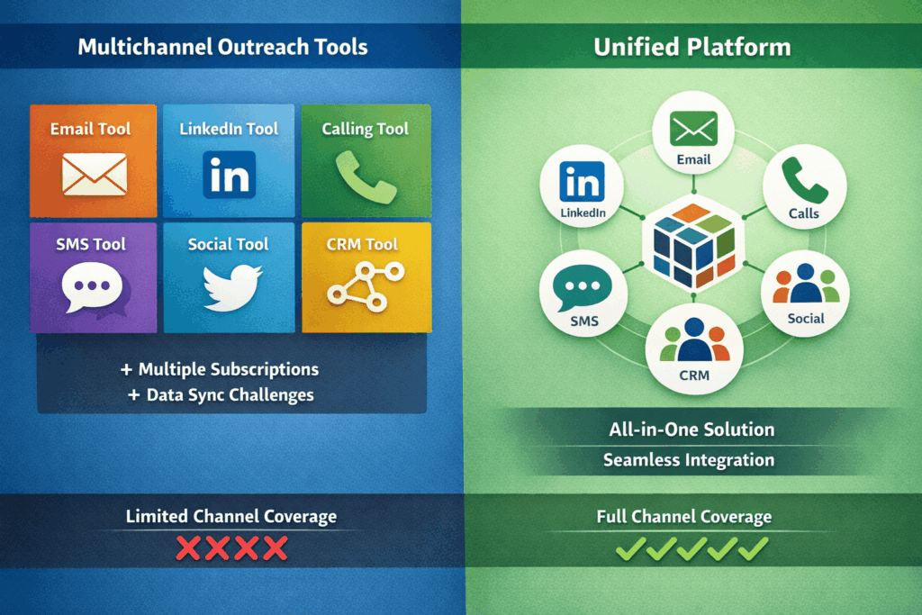 Top Cold Outreach Platforms comparison showing multichannel tools vs unified platform with full channel coverage