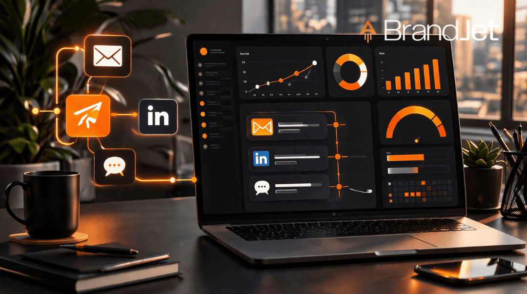 BrandJet dashboard showing top email outreach platforms for b2b with LinkedIn and multichannel analytics