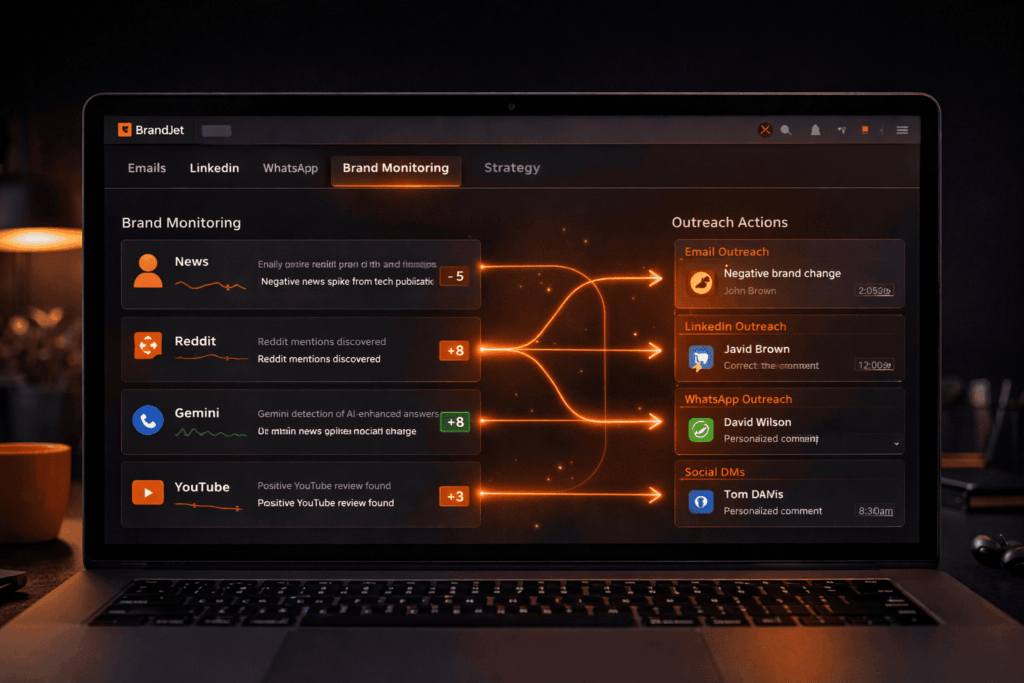 BrandJet brand monitoring dashboard showing top instantly alternatives 2026 with multi-channel outreach actions