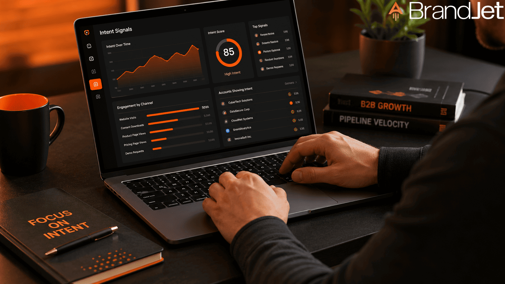 What is intent-driven lead generation dashboard showing intent signals, scores, and accounts on a laptop screen.