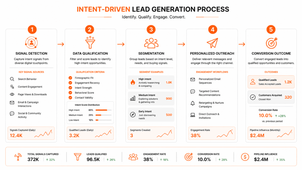 What is intent-driven lead generation process with five steps: signal detection, qualification, segmentation, outreach, and conversion. 
