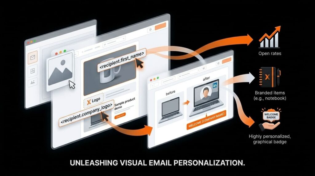 Infographic for a BrandJet AI vs Lemlist comparison showing visual email personalization and dynamic image editing.