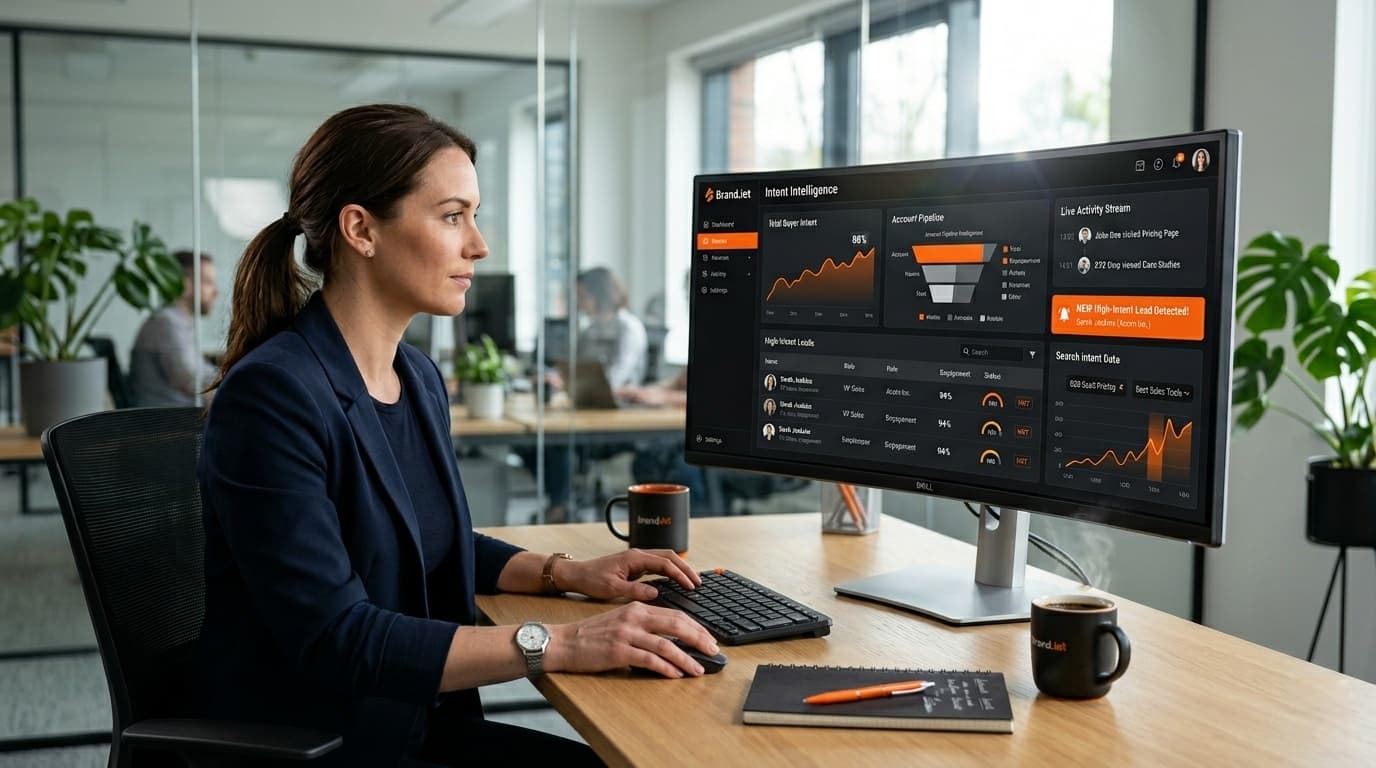 A sales professional analyzing what are buyer intent signals on an intent intelligence dashboard screen.