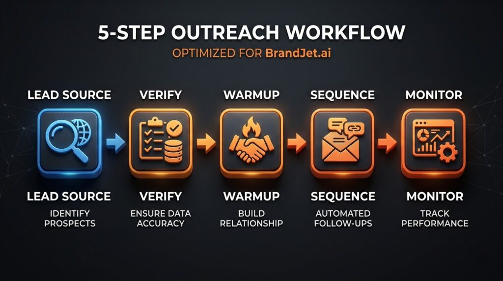5-step outreach workflow diagram for free cold email outreach tools: lead source, verify, warmup, sequence, monitor