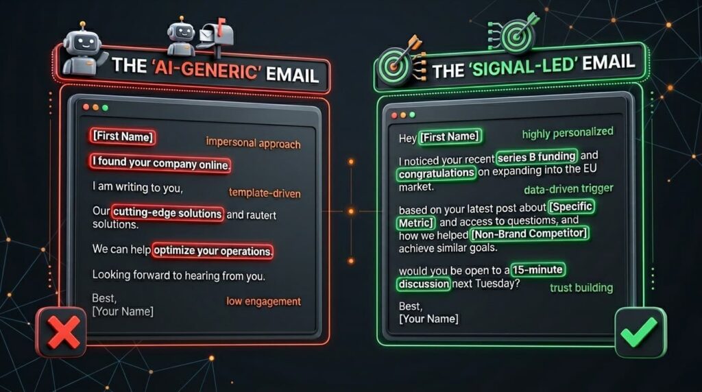 Side-by-side comparison of AI-generic vs signal-led emails using free cold email outreach tools for better personalization