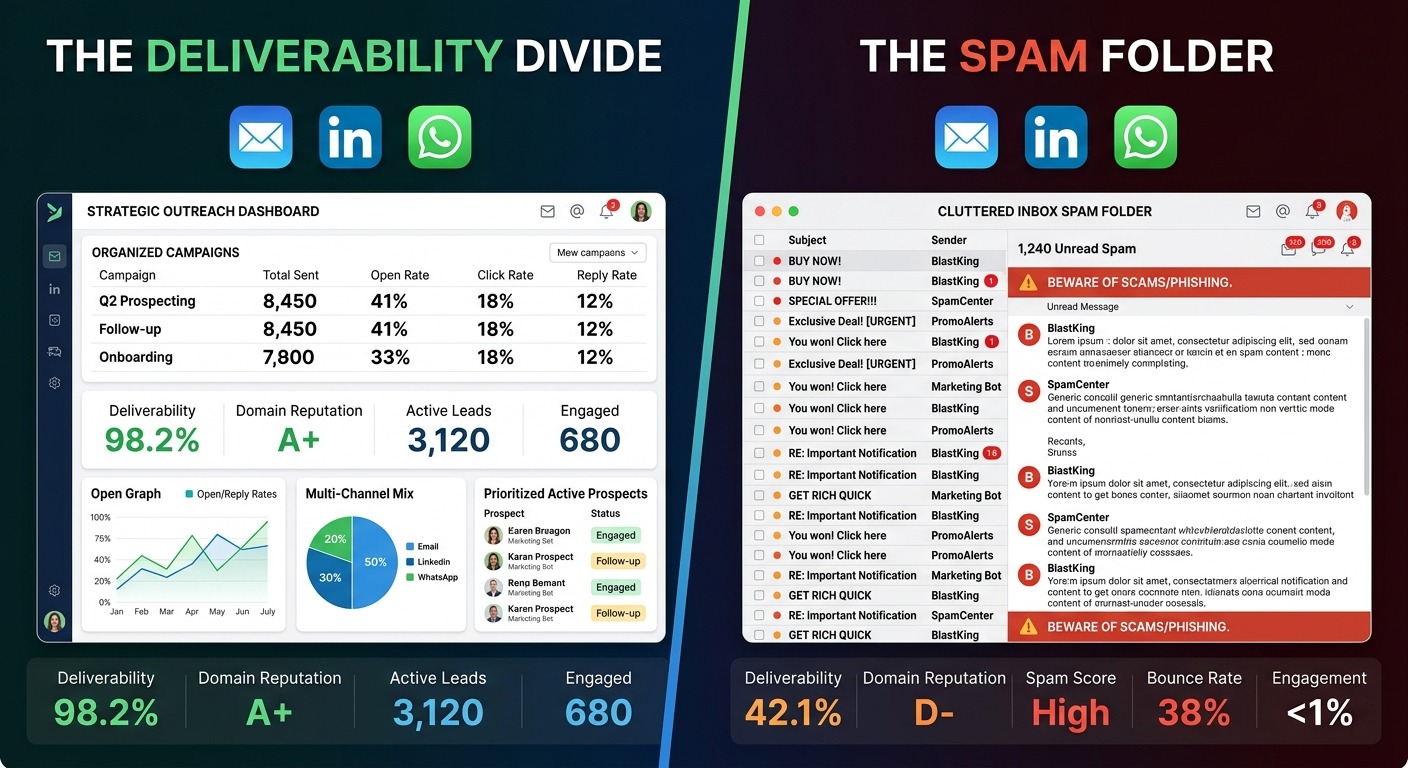 Free cold email outreach tools showing deliverability dashboard vs spam folder comparison