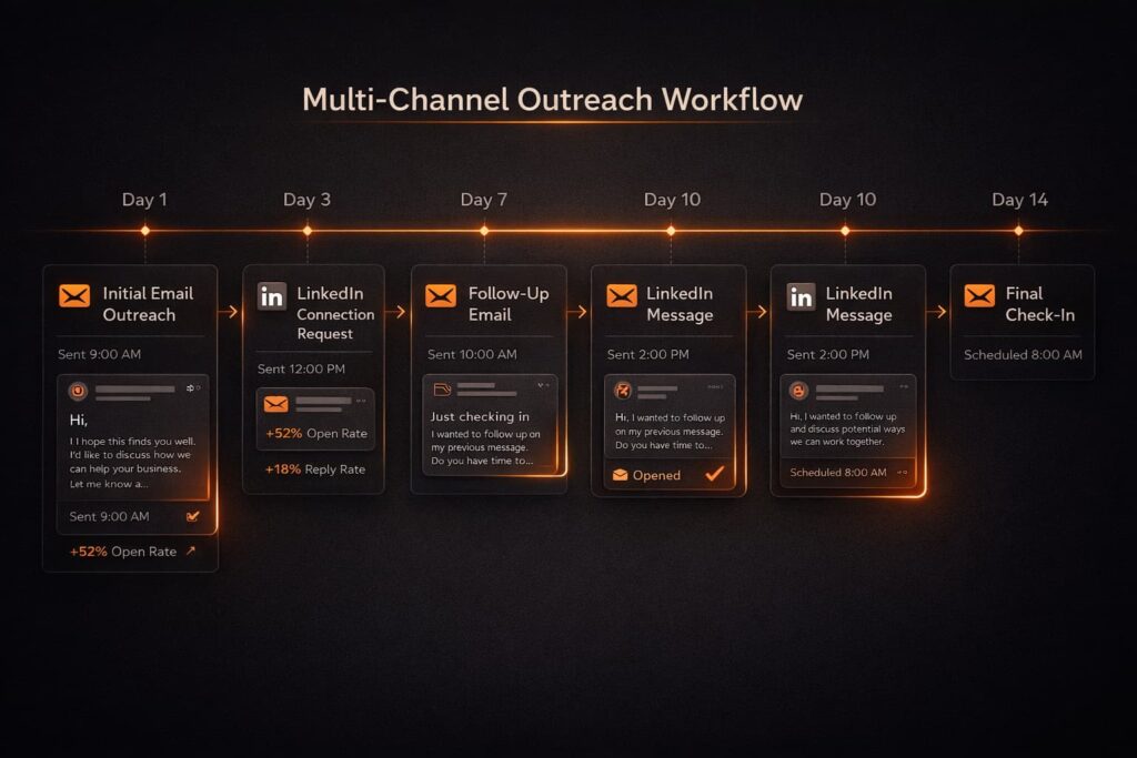 A timeline showing how to pitch to potential clients b2b through a multi-channel outreach workflow