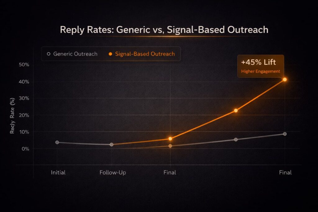 Line chart showing how to pitch to potential clients b2b using signal-based outreach, achieving 45% higher reply rates.