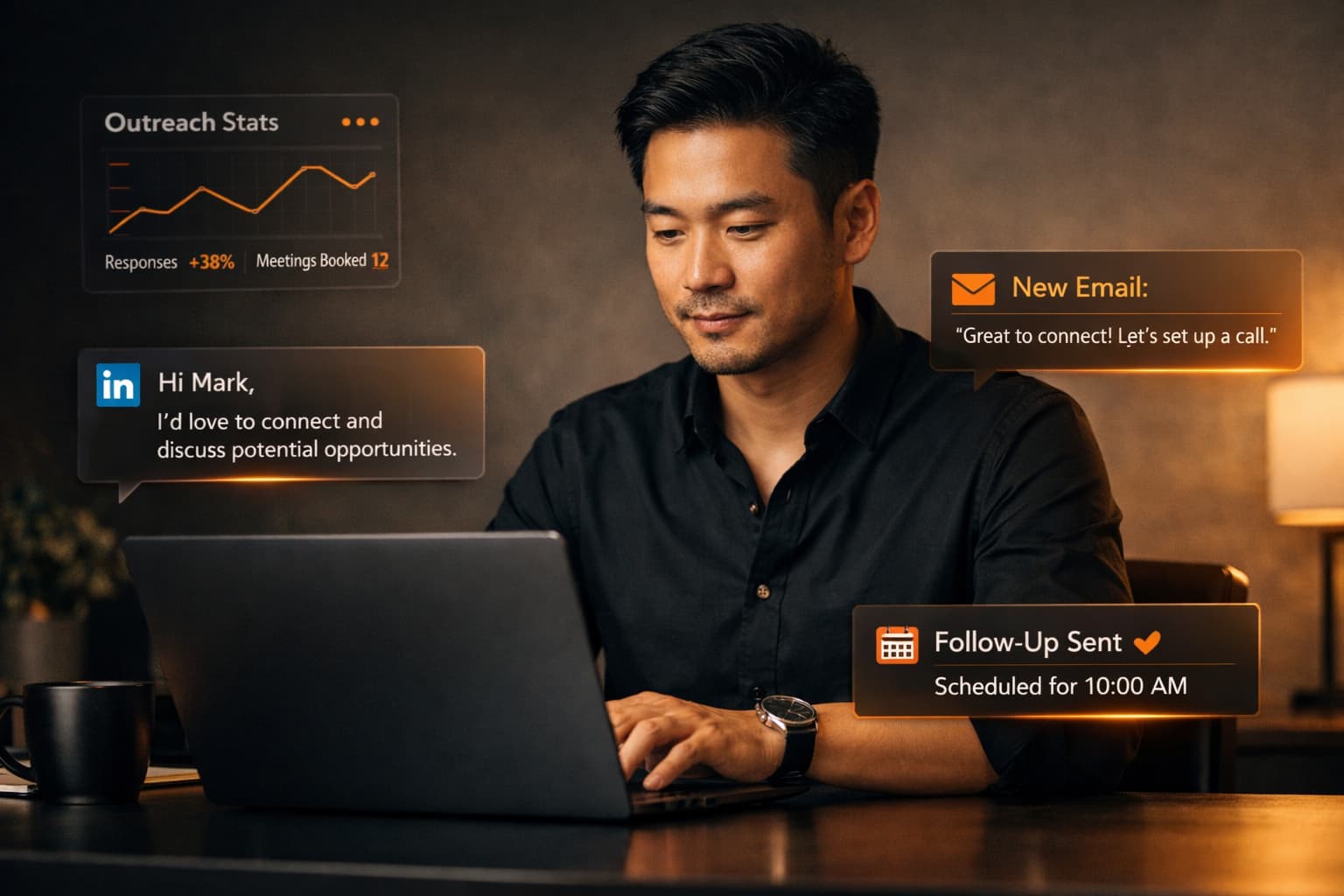 A professional demonstrating how to pitch to potential clients b2b using automated outreach tools on a laptop.