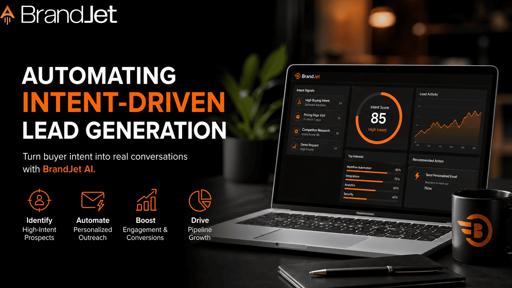 Automating Intent-Driven Lead Generation dashboard showing intent score and buyer signals on a laptop 