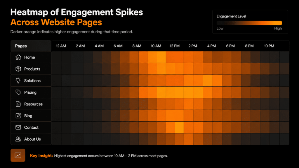 How to use buyer intent data for B2B sales by analyzing a heatmap of website engagement spikes by time of day. 