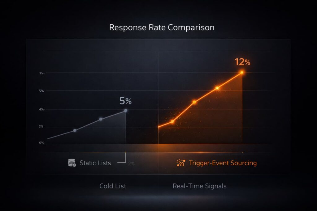Response rate comparison chart explaining how to find b2b clients online using real-time signals vs static lists
