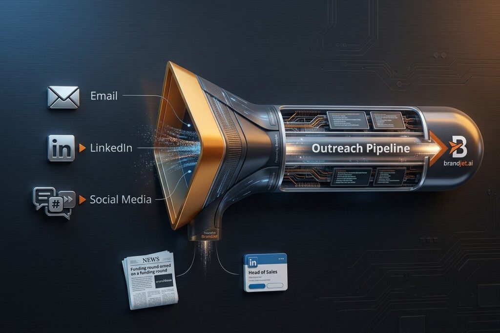 Multi-channel outreach pipeline illustrating the best ways to get first customers for B2B using email and LinkedIn.