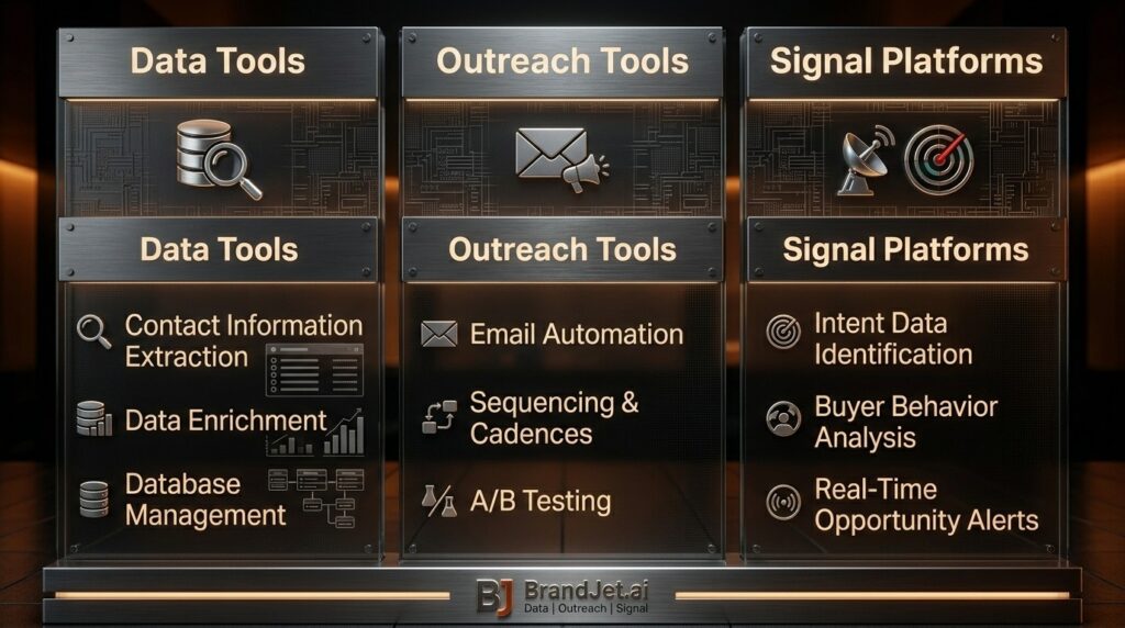 BrandJet.ai tool categories showing data, outreach, and signal platforms as the best ways to get first customers for B2B.