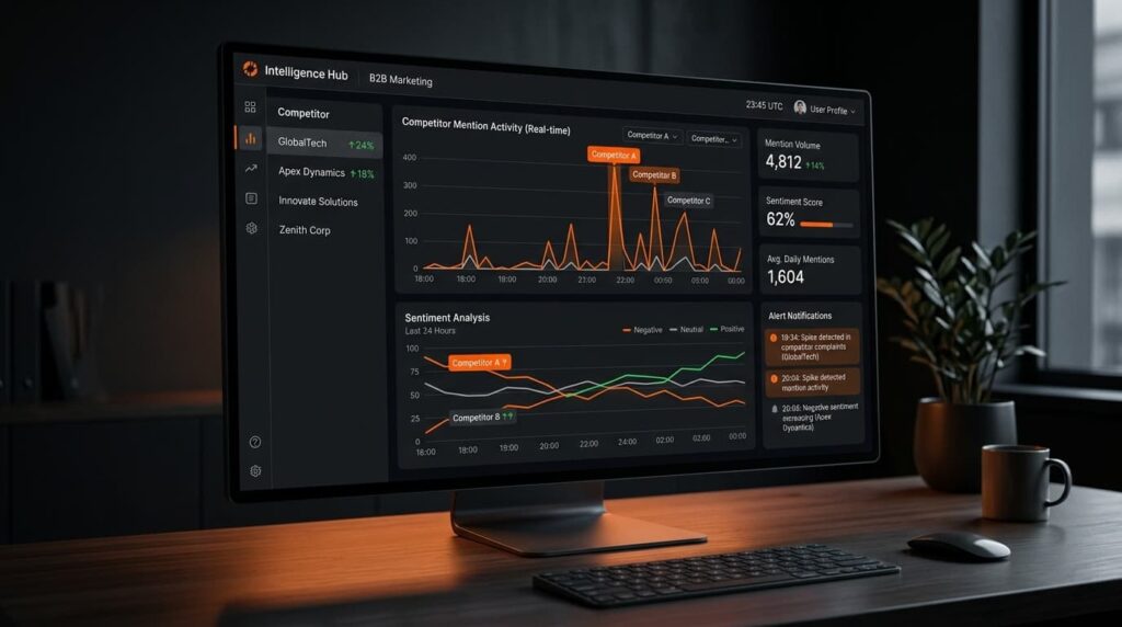 A B2B intelligence hub showing what is ai social listening for b2b via real-time competitor mention tracking.