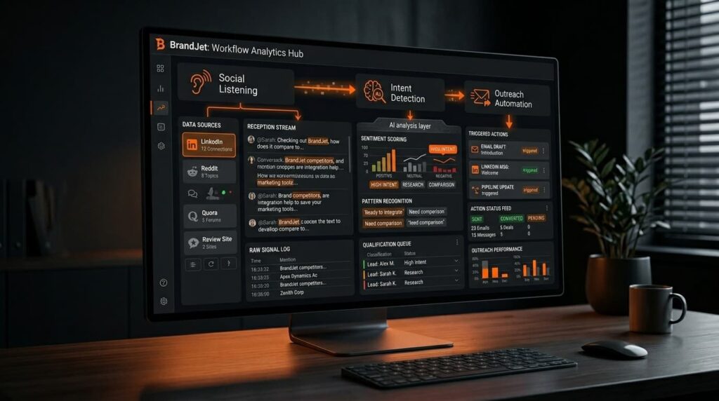A workflow analytics screen demonstrating what is ai social listening for b2b with intent detection and outreach automation.