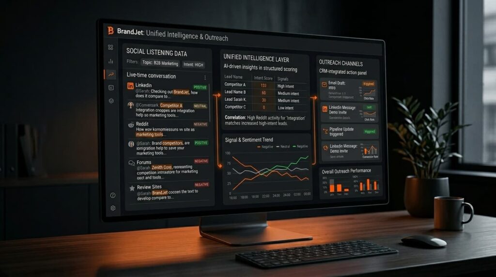A unified dashboard illustrating what is ai social listening for b2b using live social data and CRM-integrated outreach channels.